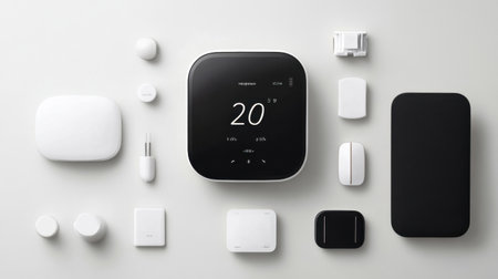 Wall-mounted digital thermostat controlling various smart appliances in a connected homeの素材
