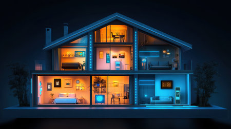 D render of an energy-efficient smart home with labeled IoT energy devices and control unitsの素材