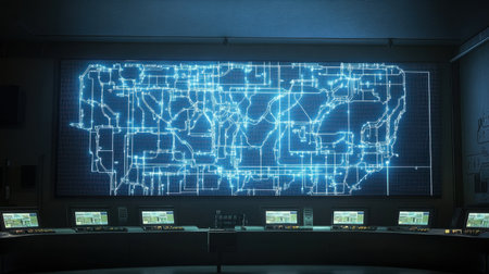 A glowing electric grid network map on a digital screen in a dark control roomの素材