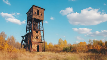 An abandoned coal mine with rusting equipment and overgrown grass, symbolizing outdated energy sourcesの素材