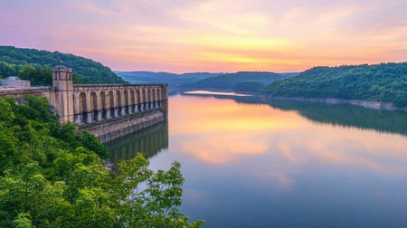 A hydroelectric reservoir with still water reflecting the dam and surrounding treesの素材