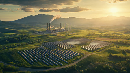 A landscape showing contrasting power plants solar arrays in the foreground and smokestacks in the distanceの素材