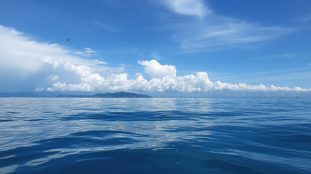 An offshore wind farm with turbines dotting the horizon of a calm ocean under partly cloudy skiesの素材