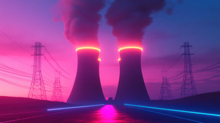 A futuristic power plant with clean energy structures and neon lighting in a concept industrial environmentの素材