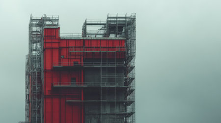 A partially decommissioned power plant with dismantled equipment and scaffolding under a gray skyの素材