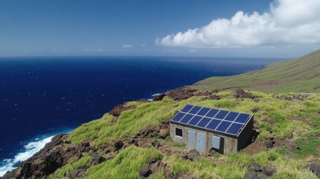 Drone shot of a remote island microgrid facility with solar panels and backup diesel generatorsの素材