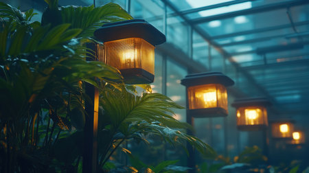 A row of electric heaters warming a greenhouse filled with lush plants in winterの素材