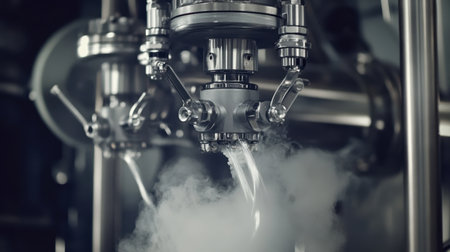 Close-up of turbine rotors spinning in slow motion with steam being released from surrounding pipesの素材