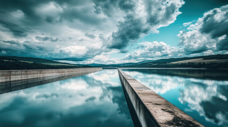 Hydroelectric dam reservoir reflecting cloudy skies, showing the contrast between water and mechanical infrastructureの素材