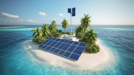 Isolated island microgrid with solar panels, battery storage, and satellite antennasの素材