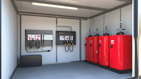 Hydrogen refueling station showing tanks, dispensers, and safety mechanisms in detailの素材
