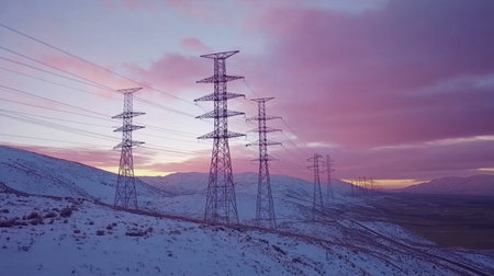 Electric transmission towers lined up along a snowy plain under a dramatic skyの素材