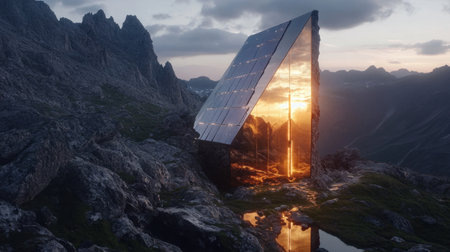 Radiant sunlight reflecting off a high-altitude solar array installation on a mountainの素材