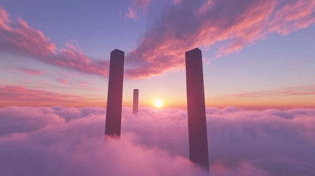 Power plant chimneys silhouetted against a dramatic sunset sky with thick plumes of steam or smokeの素材