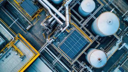 Rooftop solar panels on a factory in an industrial zone, surrounded by vents and equipmentの素材