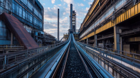 Long-angle view of a coal pile conveyor system leading into a massive furnace buildingの素材