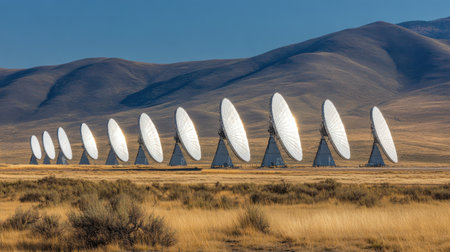 Solar farm with rows of panels tilting to follow the sun, surrounded by dry grasslandsの素材