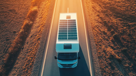 Panels mounted on an RV roof traveling through a desert highway, shown from aboveの素材