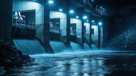 Night shot of a hydroelectric power station illuminated by artificial lights, with water rushing through turbinesの素材