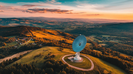 Satellite dish beaming solar energy from orbit to an Earth-based receiver in a high-tech fieldの素材