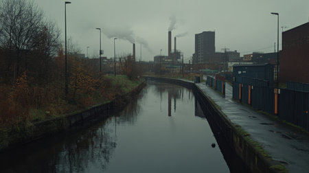 Reflection of a natural gas power plant in a nearby canal, with industrial noise barriers along the sidesの素材