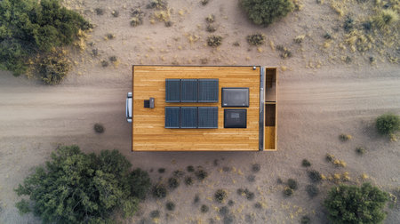 Panels mounted on an RV roof traveling through a desert highway, shown from aboveの素材