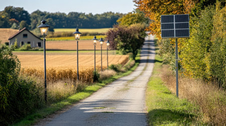 Solar-powered street lights in a rural road setting, panels absorbing sunlight during the dayの素材