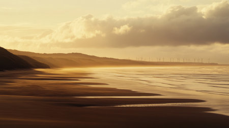 Offshore wind farm in the distance with turbines generating power for a coastal plant, shot at golden hourの素材