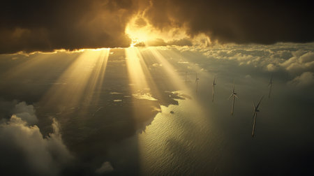 Wind turbines seen through a break in storm clouds with sunlight beaming throughの素材