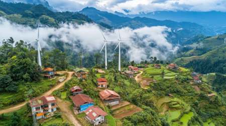 Wind turbines emerging from low-lying fog in an early morning countryside settingの素材