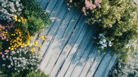 Solar panel rows surrounded by wildflowers and bee-friendly native plants in full bloomの素材