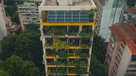 Wall-mounted vertical solar panels on the side of a tall office buildingの素材