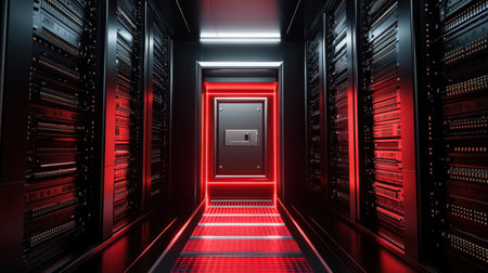 D grid with secure data packets locked within a digital vault, representing network security measuresの素材