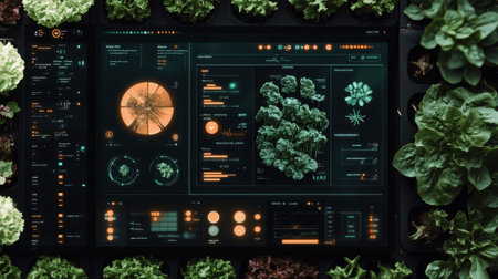 Agricultural digital platform showing sensor data, crop health stats, and satellite viewsの素材