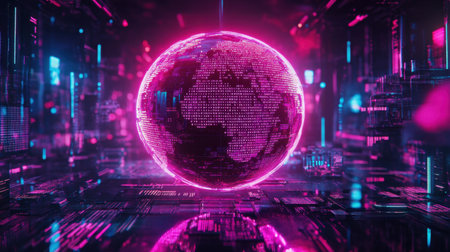 Abstract digital globe made of binary code and neon lines floating in a dark tech backgroundの素材