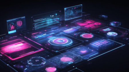 D interface elements floating in dark space with glowing UI grids and interactive togglesの素材