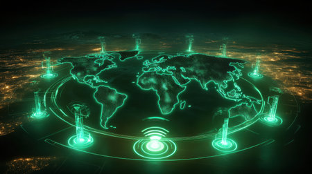Abstract futuristic data center merged with world map and glowing access pointsの素材