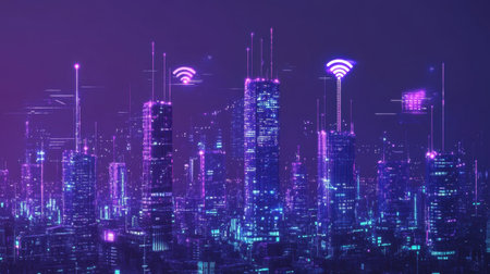 Abstract visualization of G network towers emitting signals in a connected smart city at nightの素材