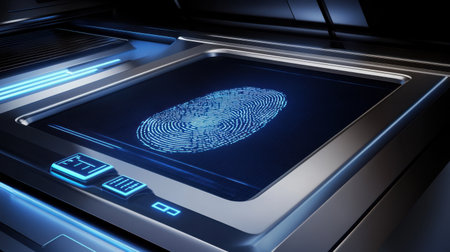 Abstract image of a digital fingerprint used for biometric login in a futuristic security panelの素材