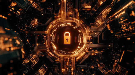 Circuit board pattern with a digital lock at its core, illustrating cybersecurity measures and data encryptionの素材