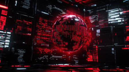 Cyber globe surrounded by code, satellites, and mobile data transmission visualsの素材