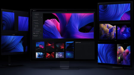 Creative portfolio platform UI showing project thumbnails, categories, and feedback iconsの素材