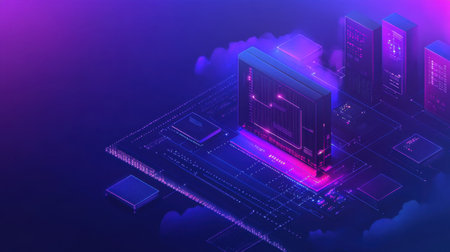 Cloud infrastructure concept showing different services connected to a central digital hubの素材