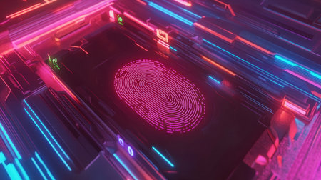 Digital fingerprint recognition with glowing data points and encryption locks symbolizing security measuresの素材