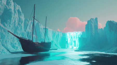 Fantasy world digital art with floating ships, crystal waterfalls, and glowing terrainの素材