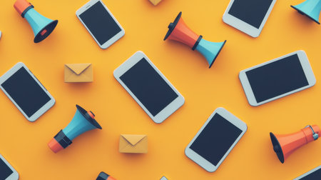 Flat lay of mobile devices and digital ads on screen surrounded by email icons and megaphonesの素材