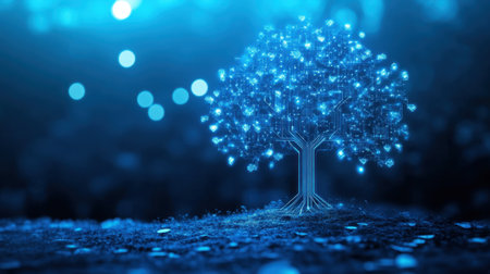Futuristic circuit tree growing upward, symbolizing innovation and sustainable technologyの素材