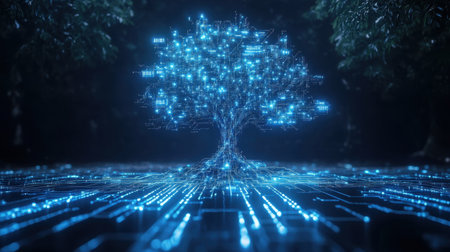 Futuristic circuit tree growing upward, symbolizing innovation and sustainable technologyの素材