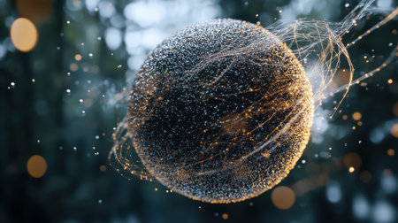 Floating sphere filled with swirling digital particles in an abstract compositionの素材