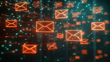 Floating email icons and notification bubbles in a virtual communication conceptの素材